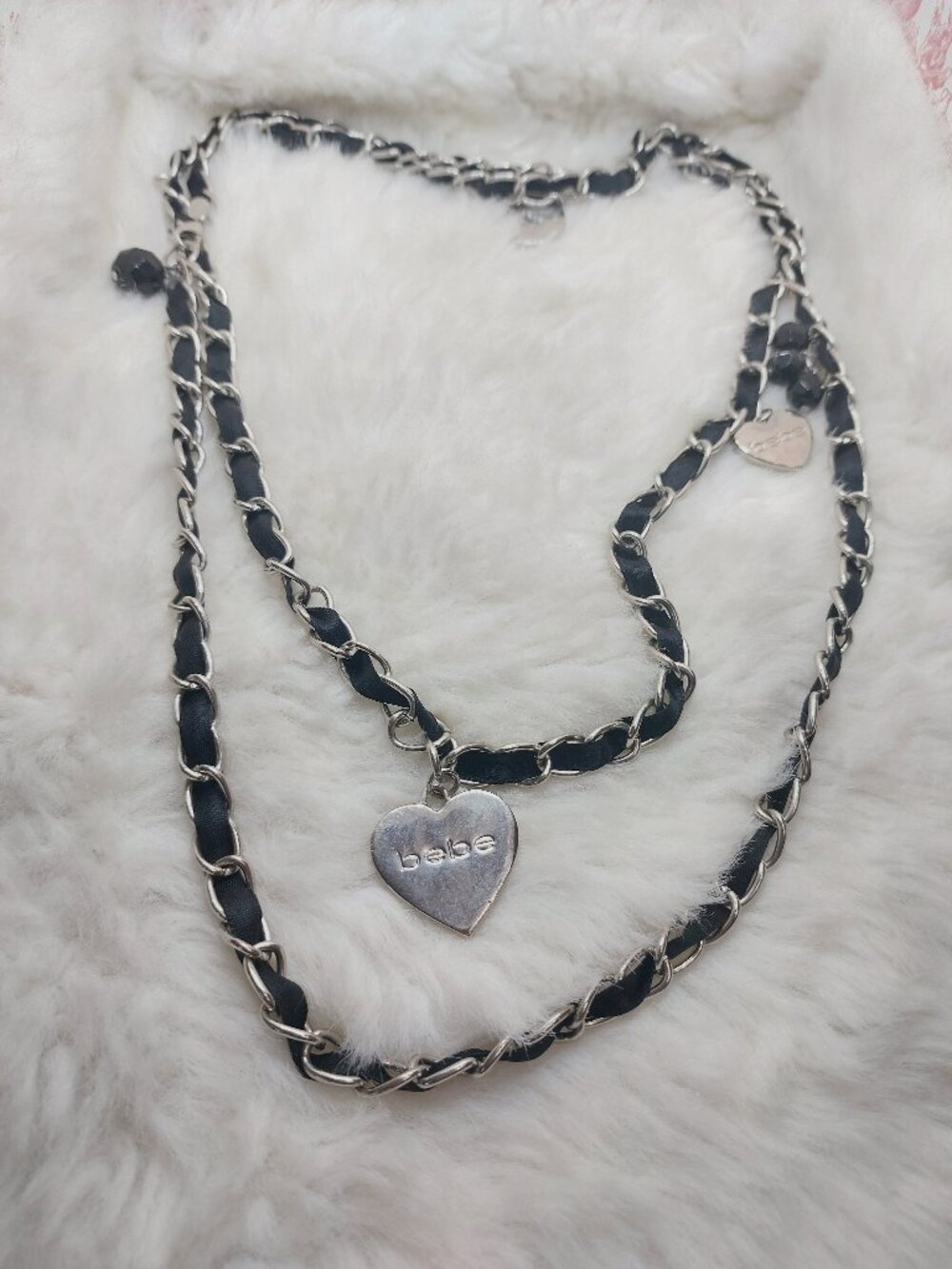 Bebe Double-Layered Silver-tone Chain Necklace Interwoven w/ Black Ribbon Heart